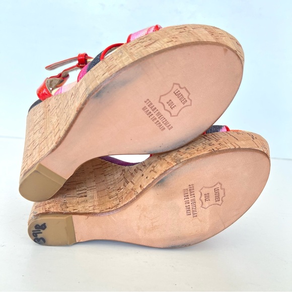 STUART WEITZMAN Orange Patent Leather w Multicolor Canvas Wedge Sandals Sz 9 M - Picture 8 of 11